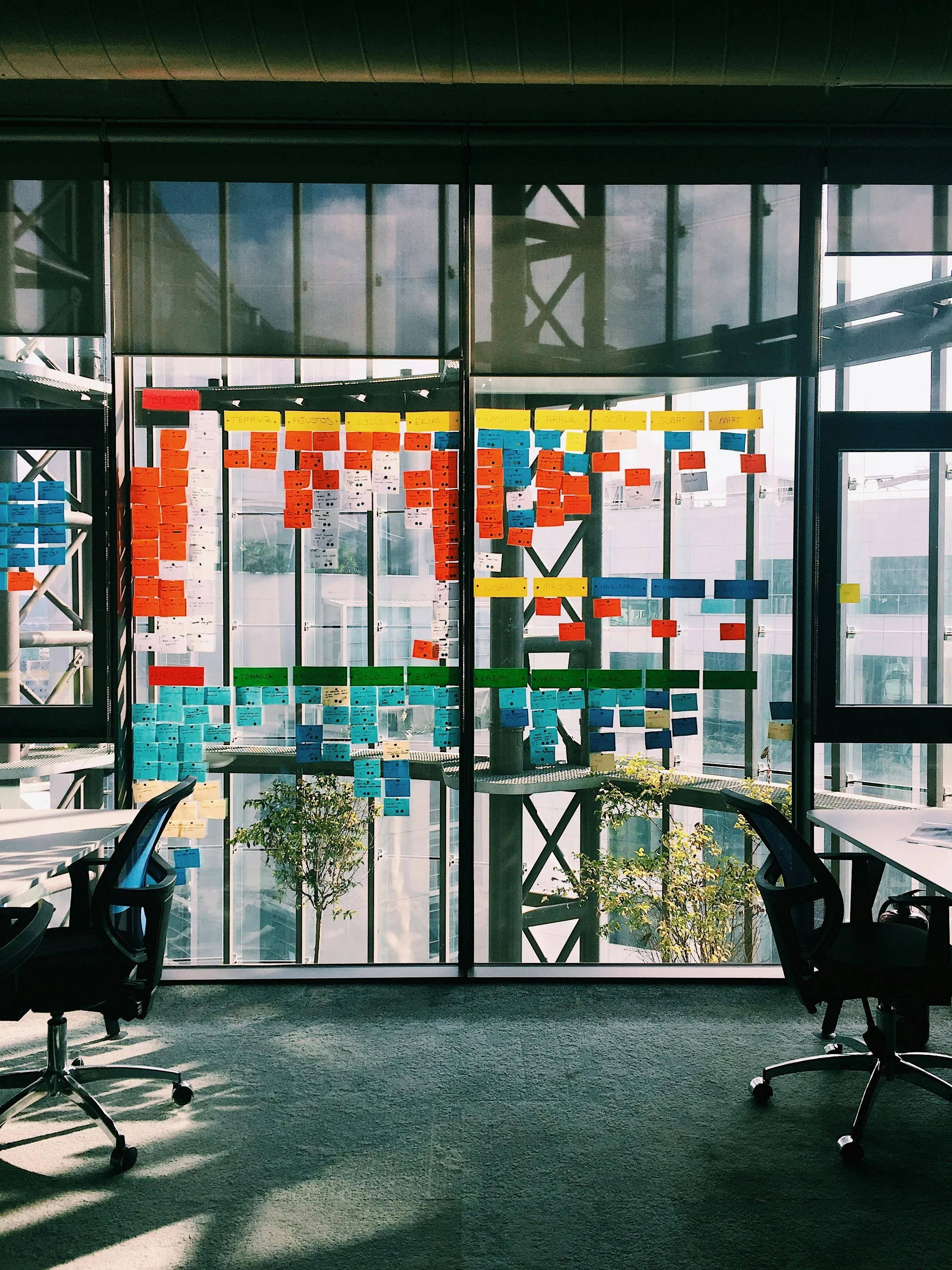 A glass wall comprising of many sticky notes, creating a Kanban board.
